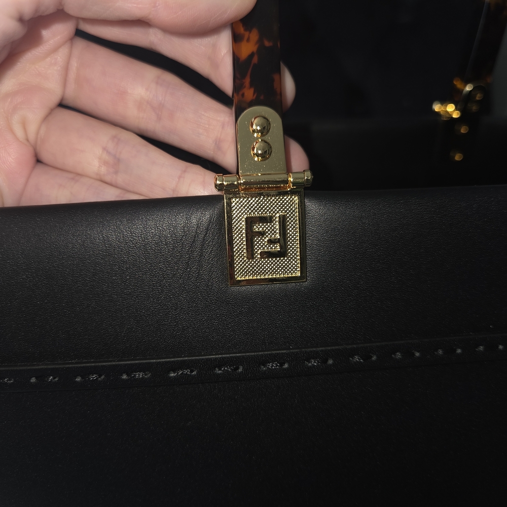 Fendi Black Embossed Logo Tote with Gold Accents - Picture 4 of 9